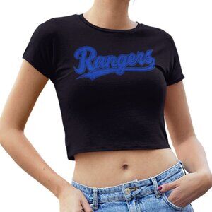 NEW Texas Rangers Script Spellout Team Color Pop Form Fit Crop Top Shirt BLACK
